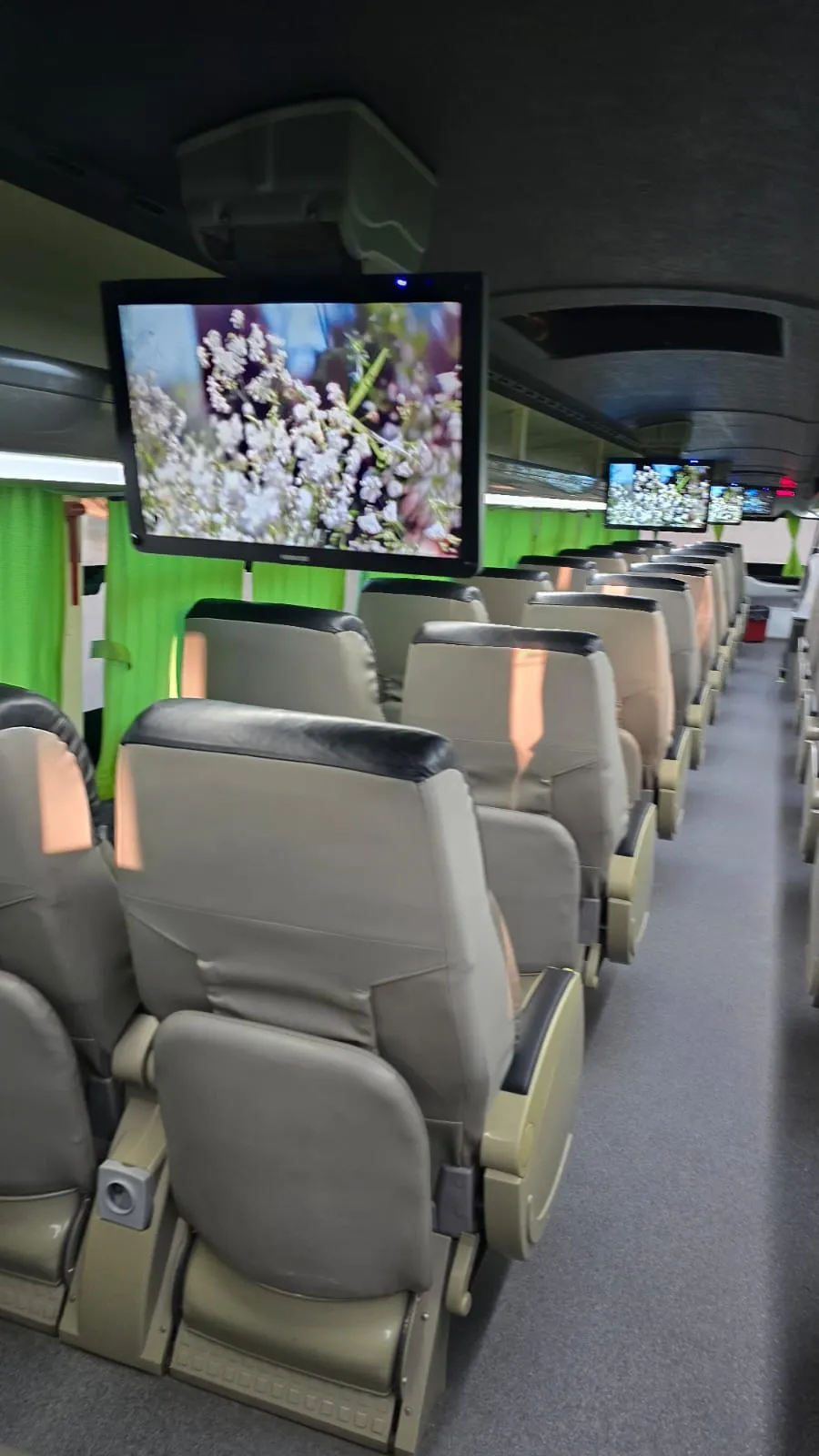 Interior del bus con pantallas de entretenimiento